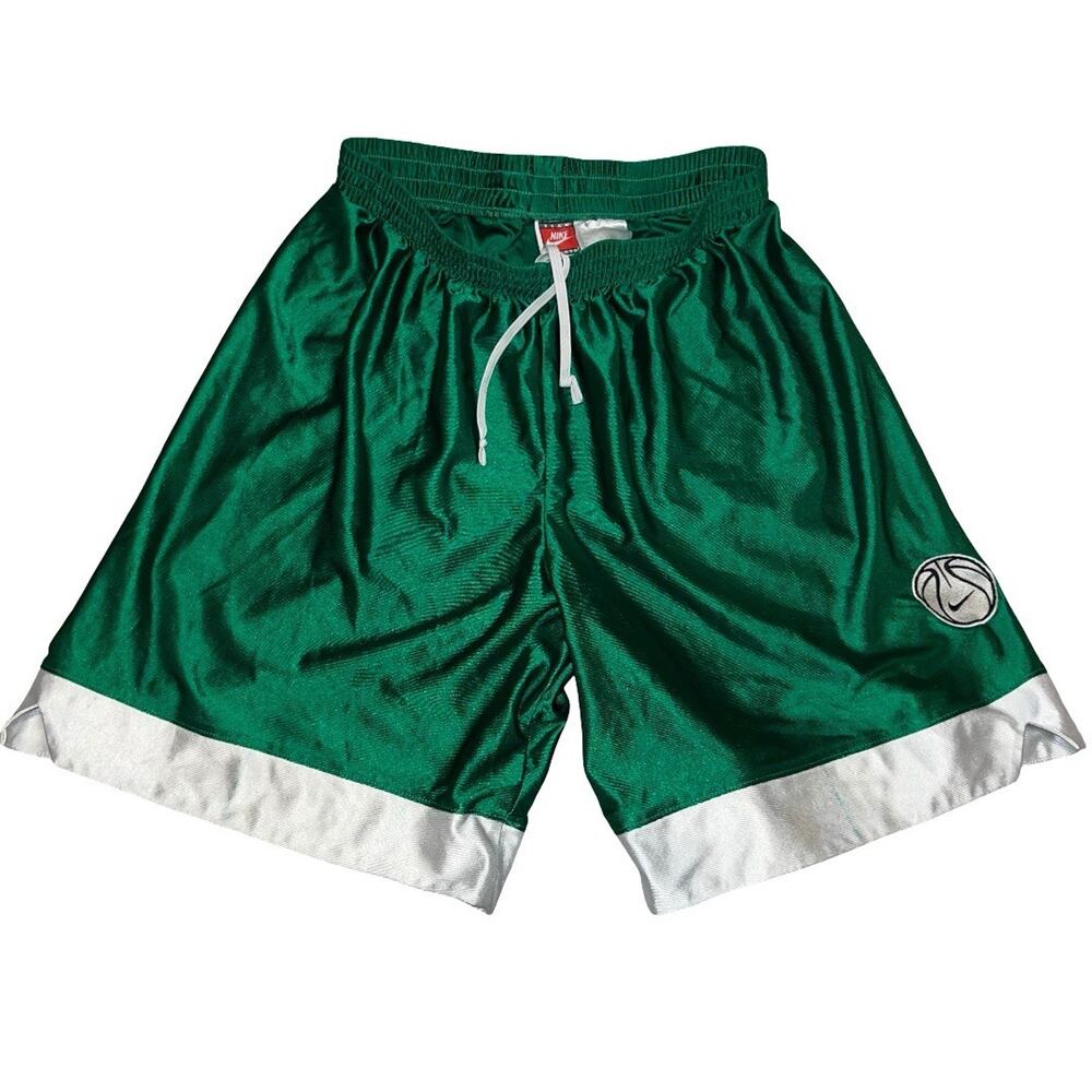 Vintage 90s Nike Basketball Shorts M USA Logo Dazzle Silky Shiny Baggy Green